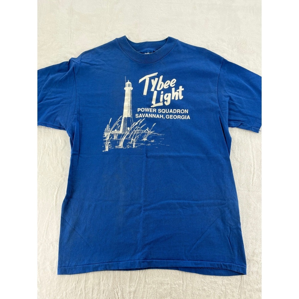 Hanes T-Shirt‎ Womens L Tybee Light Savannah Georgia Blue Vintage Beefy-T
